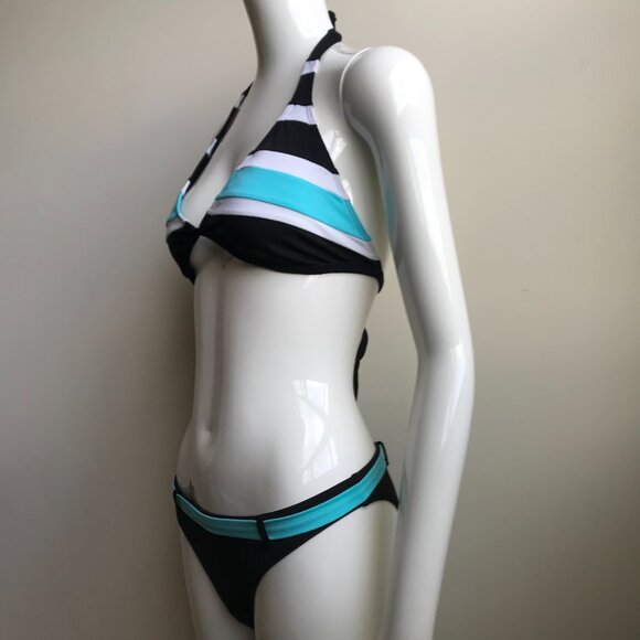 Billabong BLUE CRUSH era Vintage bikini D cup black belted halter top set RARE - Picture 5 of 7